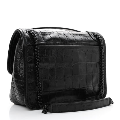 Saint Laurent Calfskin Crocodile Embossed Matelasse Monogram Baby Niki Chain Satchel Black 3 of 8