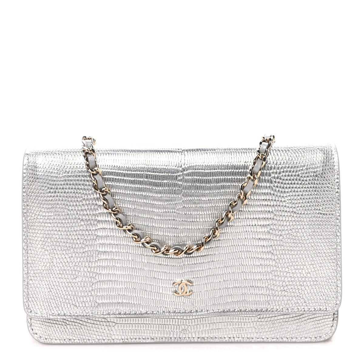 Calfskin Lizard Embossed Wallet on Chain WOC Silver