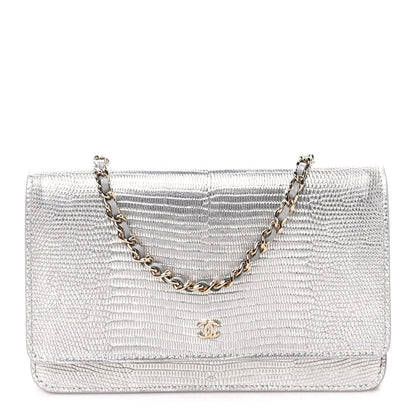 Chanel Calfskin Lizard Embossed Wallet on Chain WOC Silver 1 of 11