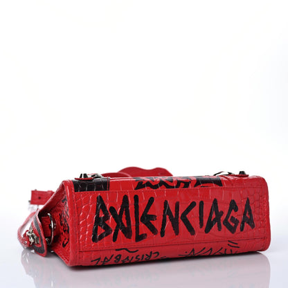 Balenciaga Calfskin Crocodile Embossed Graffiti Classic Hardware Mini City Bright Red Black 4 of 8