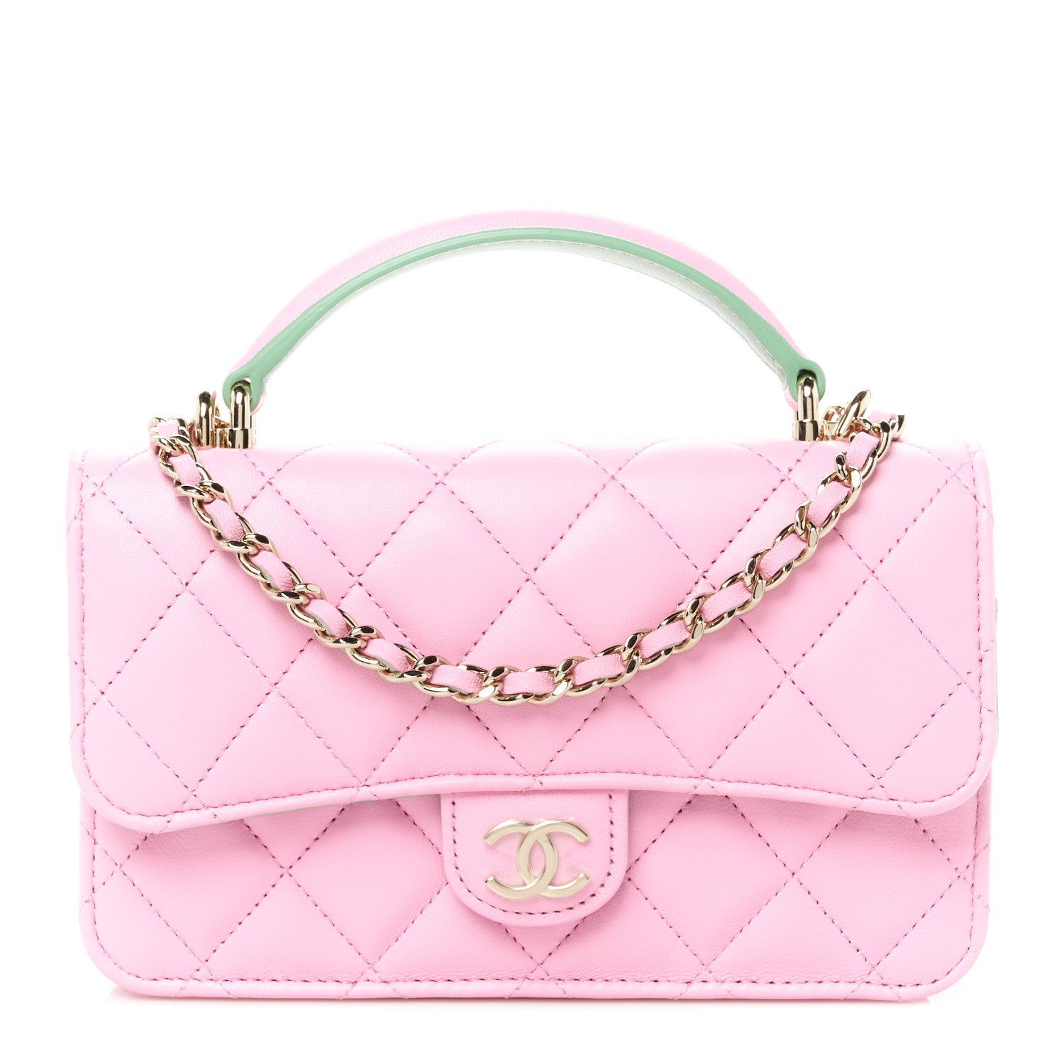 Chanel Lambskin Quilted Flap Phone Holder With Chain Pink Green 1 of 12