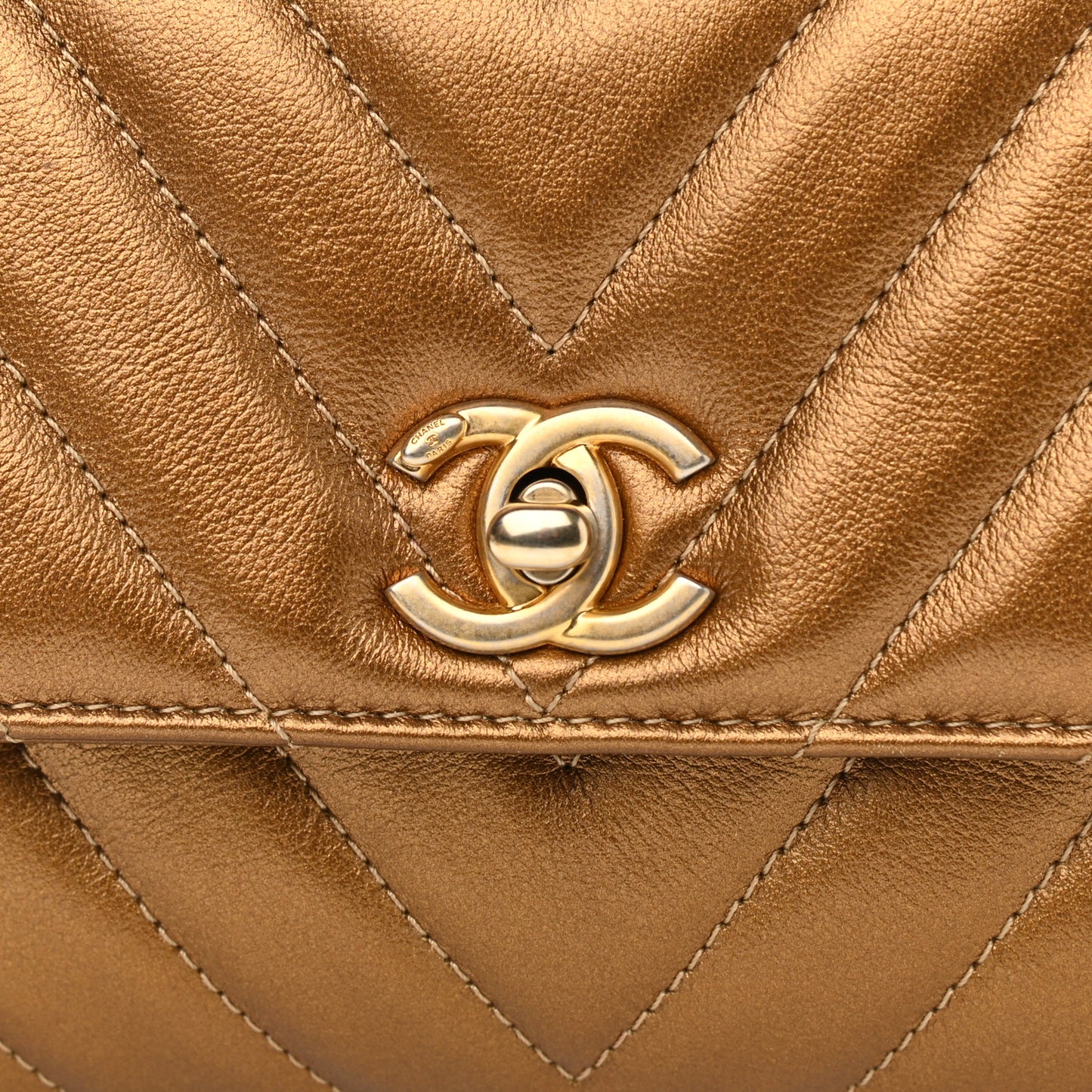 Metallic Calfskin Chevron Quilted Mini Coco Handle Flap Gold