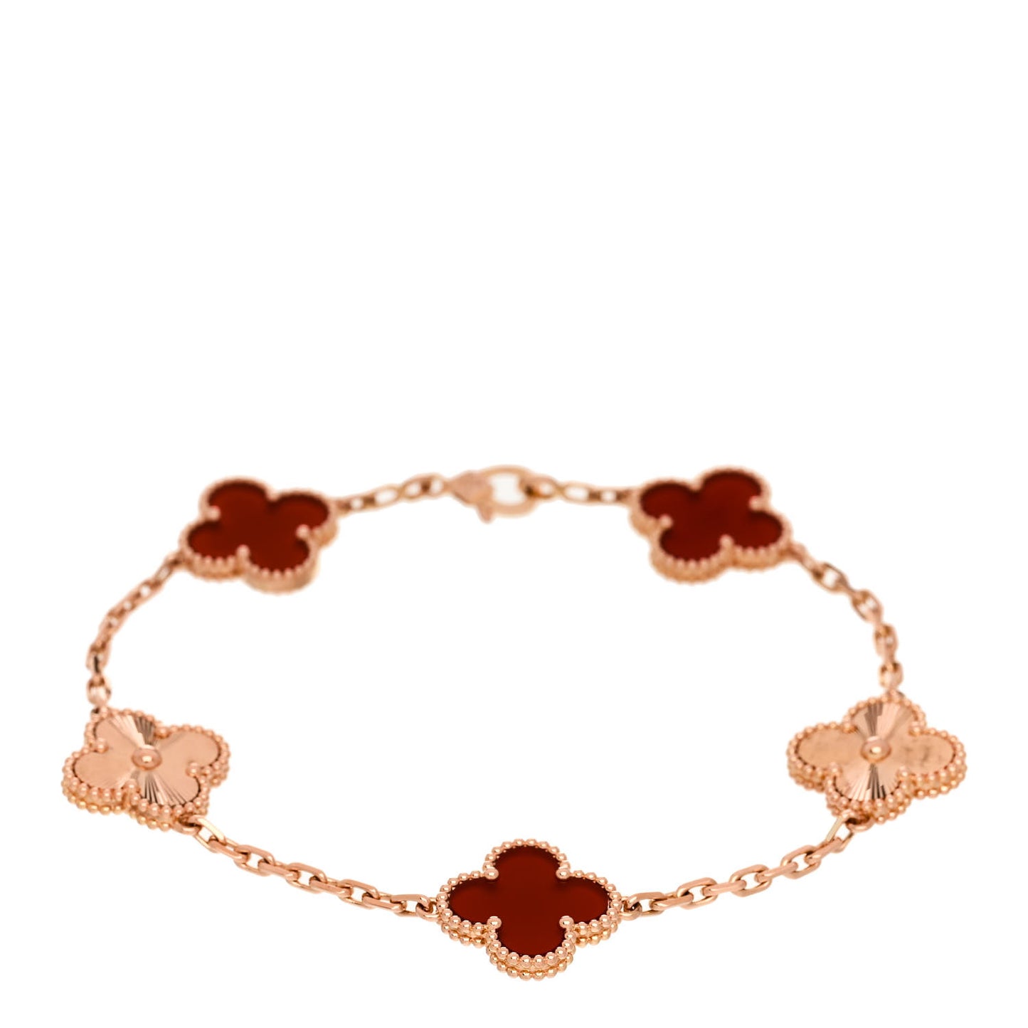 18K Rose Gold Carnelian 5 Motifs Guilloche Vintage Alhambra Bracelet
