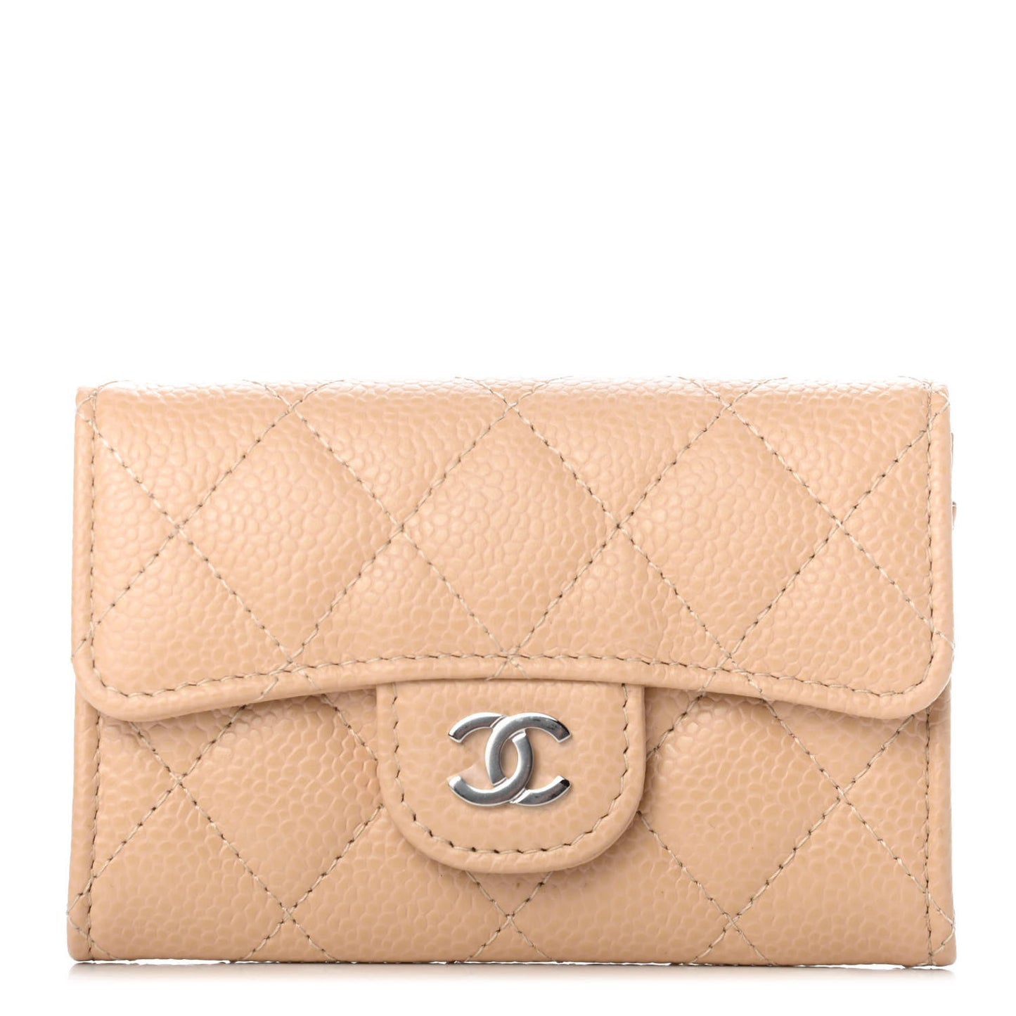 Caviar Quilted Flap Card Holder Wallet Beige