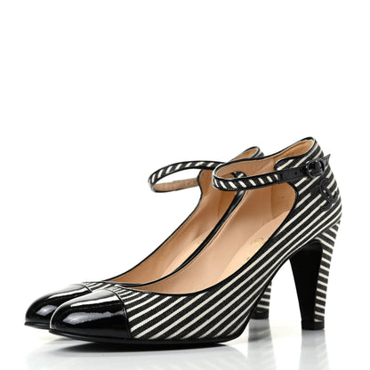 Chanel Fabric Striped Patent Cap Toe Ankle Strap Pumps 37.5 Black White 3 of 11