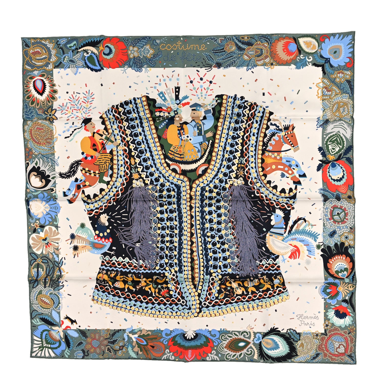 Hermes Silk Costume de Fete Scarf 90 Black Creme Bleu 1 of 3