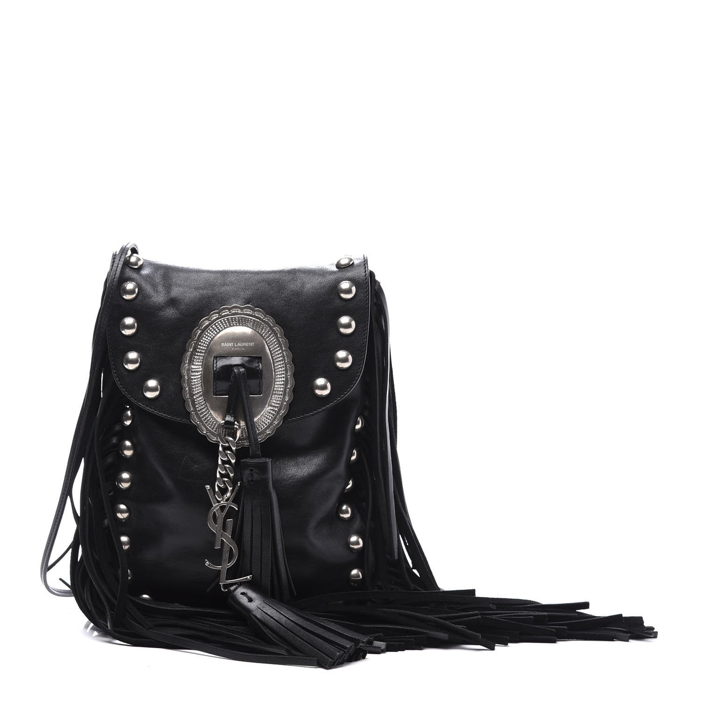 Calfskin Fringe Small Studded Anita Crossbody Bag Black