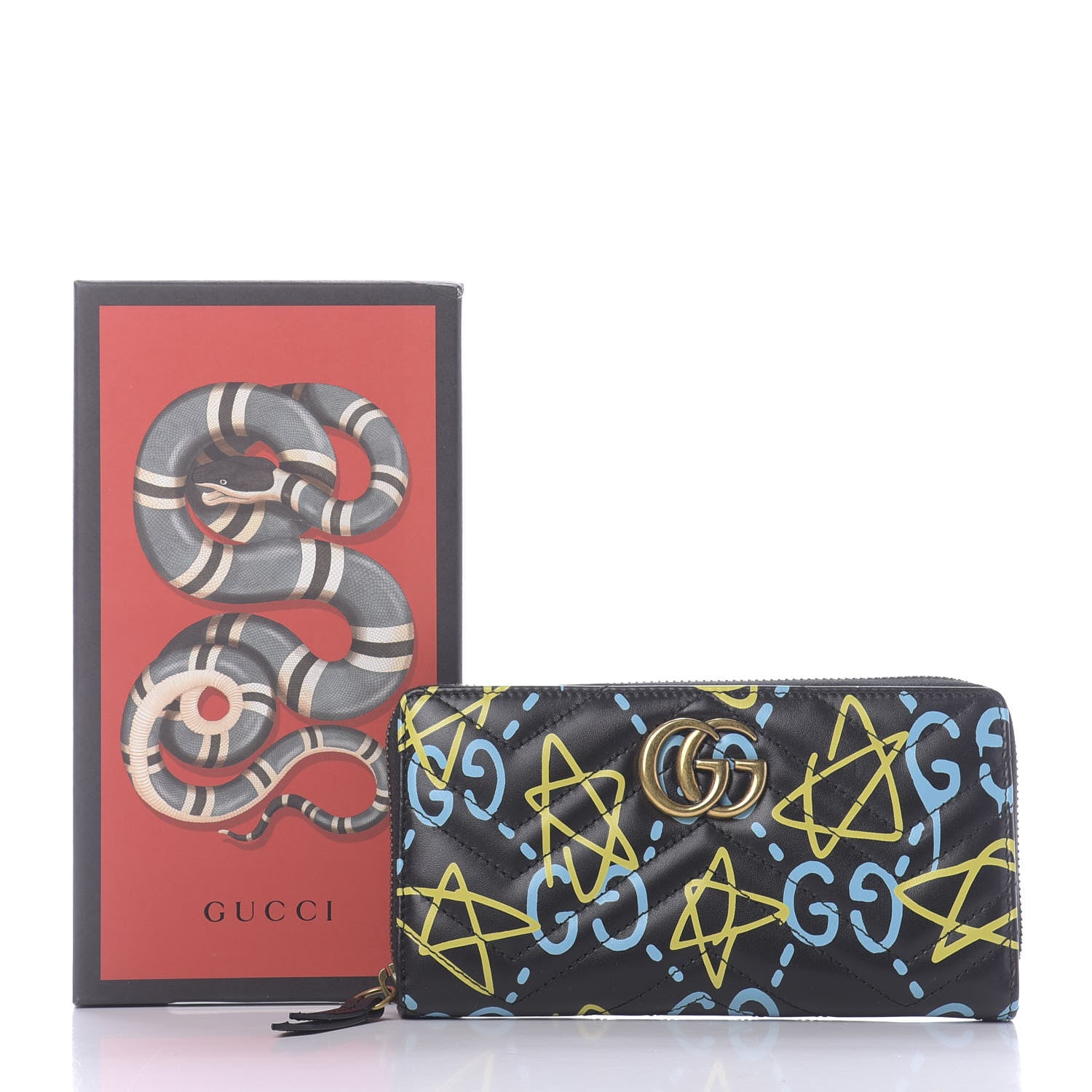 Gucci Calfskin Matelasse GucciGhost GG Marmont Zip Around Wallet Black New Acquamarine 10 of 10