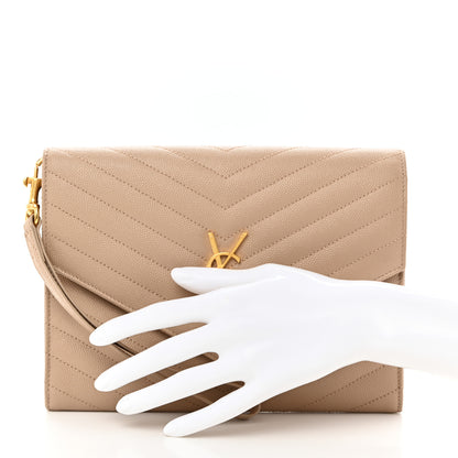 Saint Laurent Grain De Poudre Matelasse Chevron Monogram Envelope Clutch Dark Beige 2 of 7