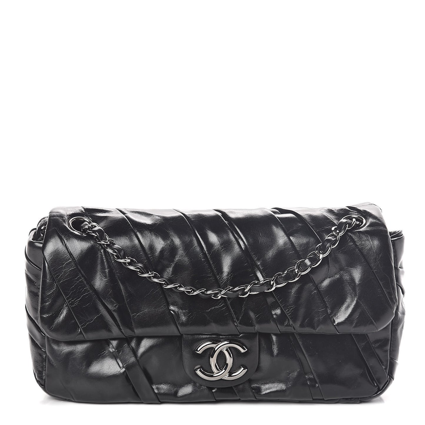 Glazed Calfskin Twisted Medium Flap Black