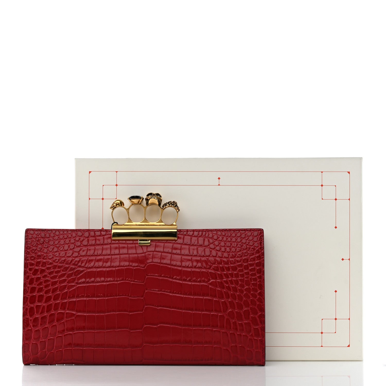 Alexander McQueen Calfskin Crocodile Embossed Knuckle Flat Clutch Red 9 of 9