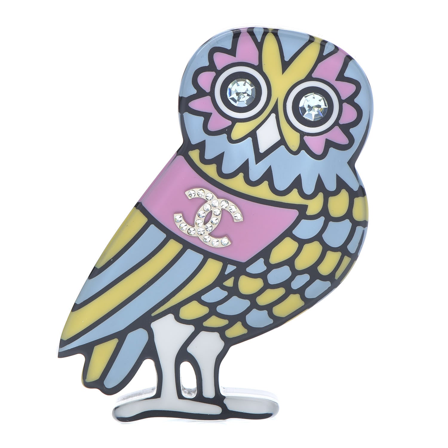 Chanel Resin Crystal Owl CC Brooch Blue Yellow Golden 1 of 5
