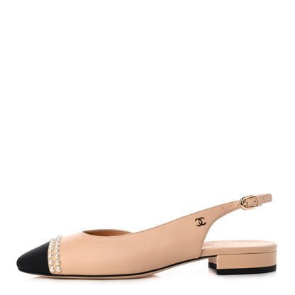 Chanel Lambskin Grosgrain Pearl Cap Toe CC Slingback Flats 37.5 Beige Black 1 of 20