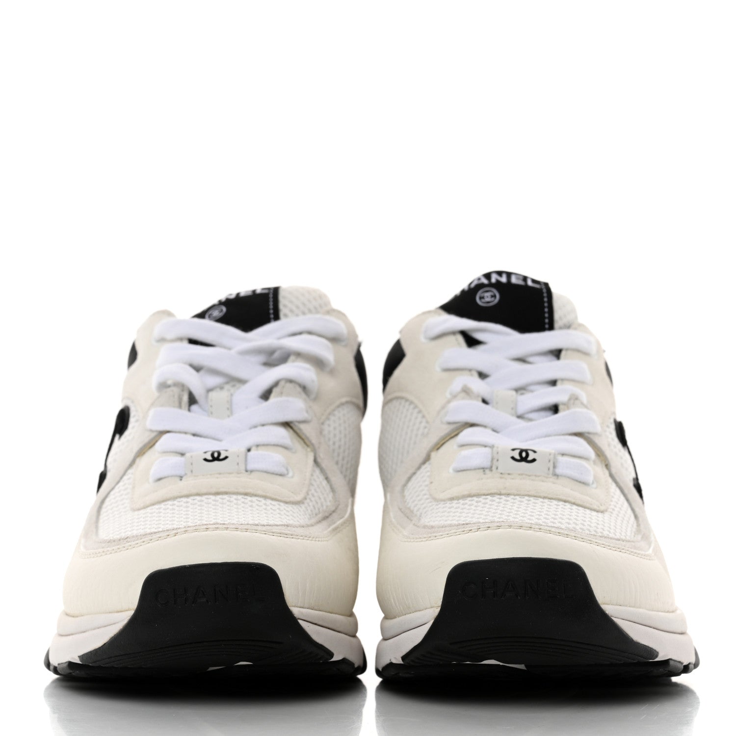 Chanel Mesh Suede Calfskin Grained Calfskin Womens CC Sneakers 38 White Black 2 of 9