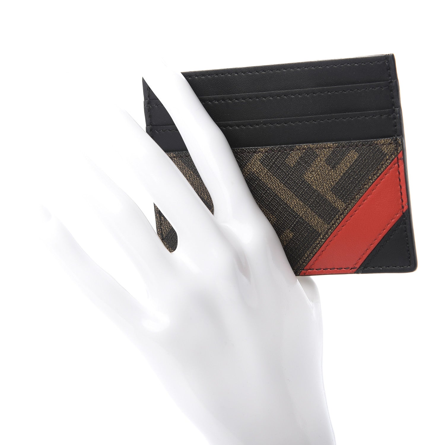 Fendi Glazed Fabric Vitello Liberty FF 1974 Diagonal Card Holder Tobacco Rosso Black 2 of 7