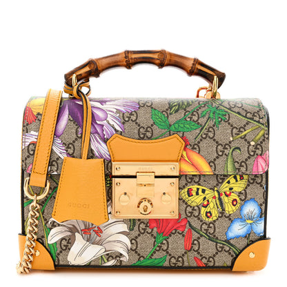 Gucci GG Supreme Monogram Flora Small Padlock Bamboo Shoulder Bag Beige Multicolor Crop 1 of 10