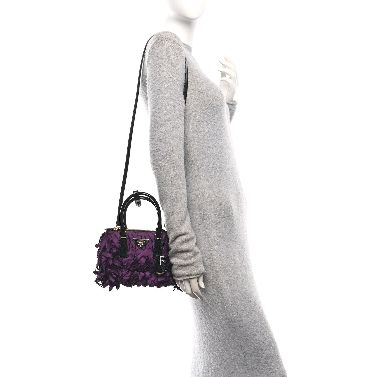 Prada Satin Feathered Vernice Mini Galleria Double Zip Tote Black Prugna 2 of 10