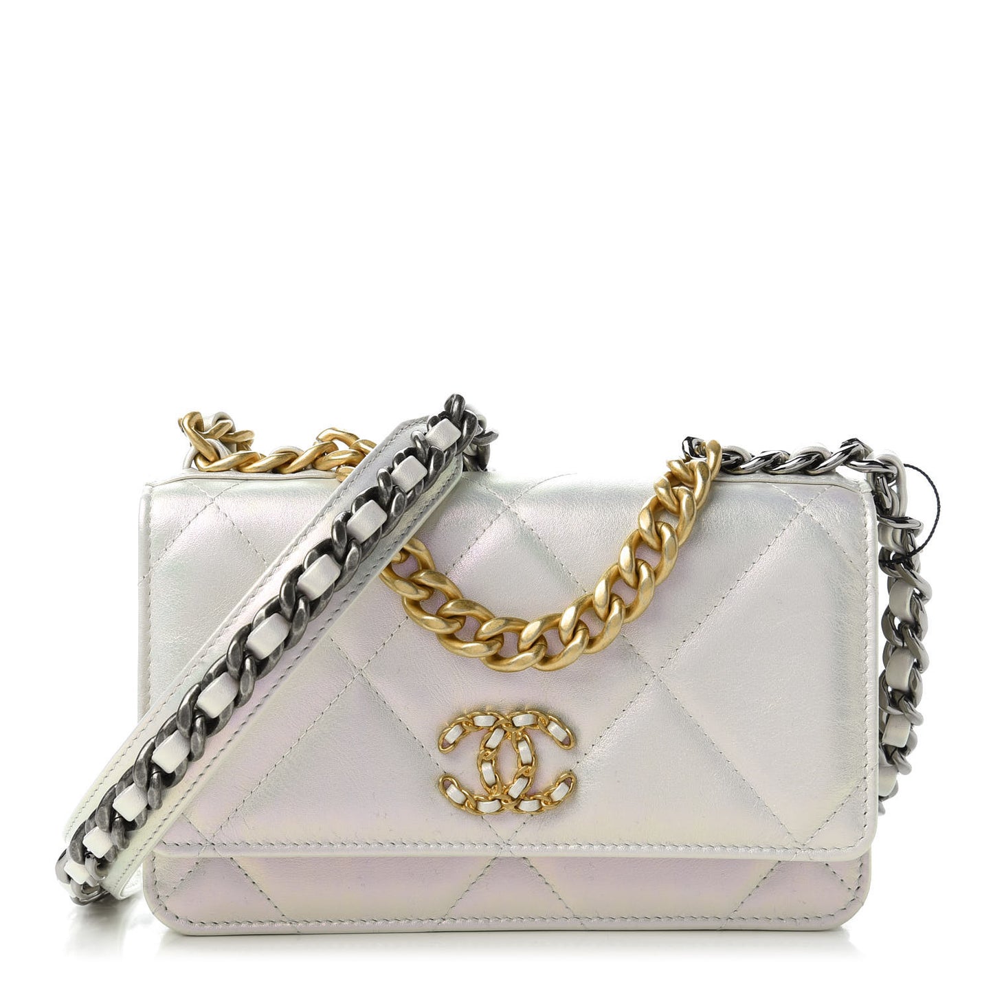 Iridescent Calfskin Quilted Chanel 19 Wallet On Chain WOC White