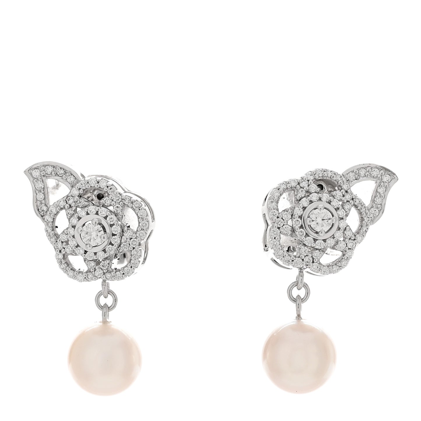 18K White Gold Diamond Pearl Camelia Drop Earrings