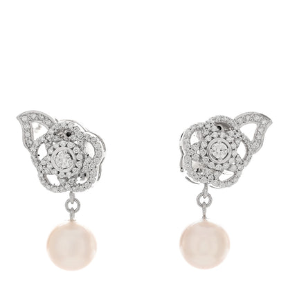 Chanel 18K White Gold Diamond Pearl Camelia Drop Earrings 1 of 4
