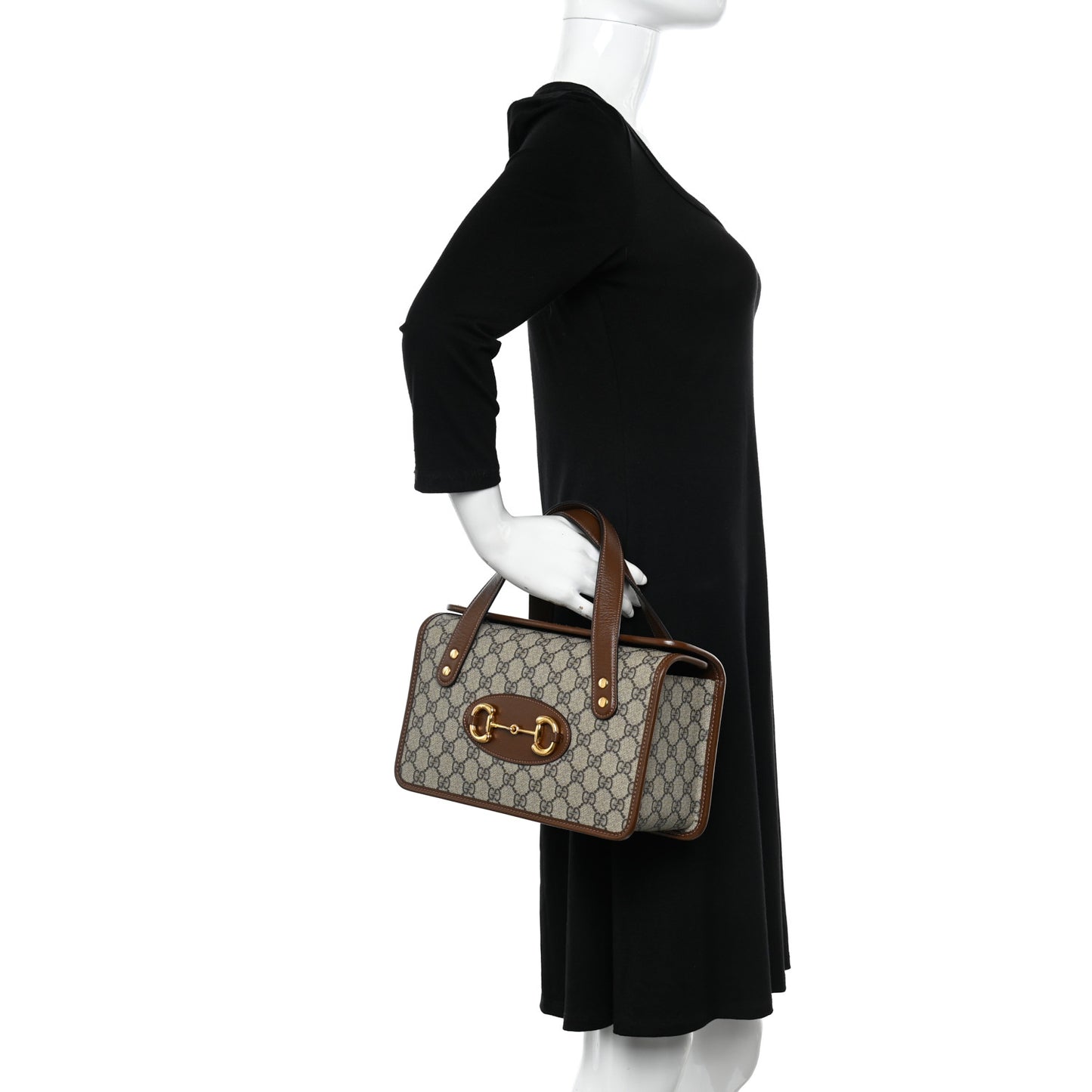 GG Supreme Monogram Azalea Calfskin Small Horsebit 1955 Foldover Top Handle Bag Beige Ebony Brown Sugar