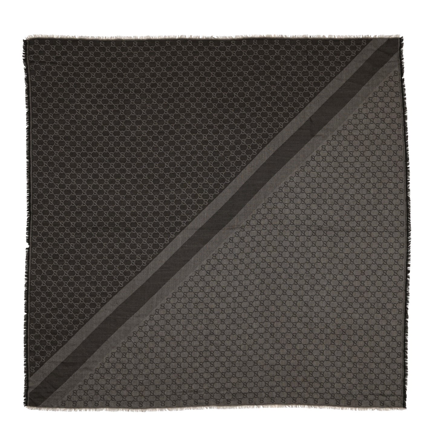 Wool Silk Monogram GGWeb Fringe Shawl Black Medium Grey