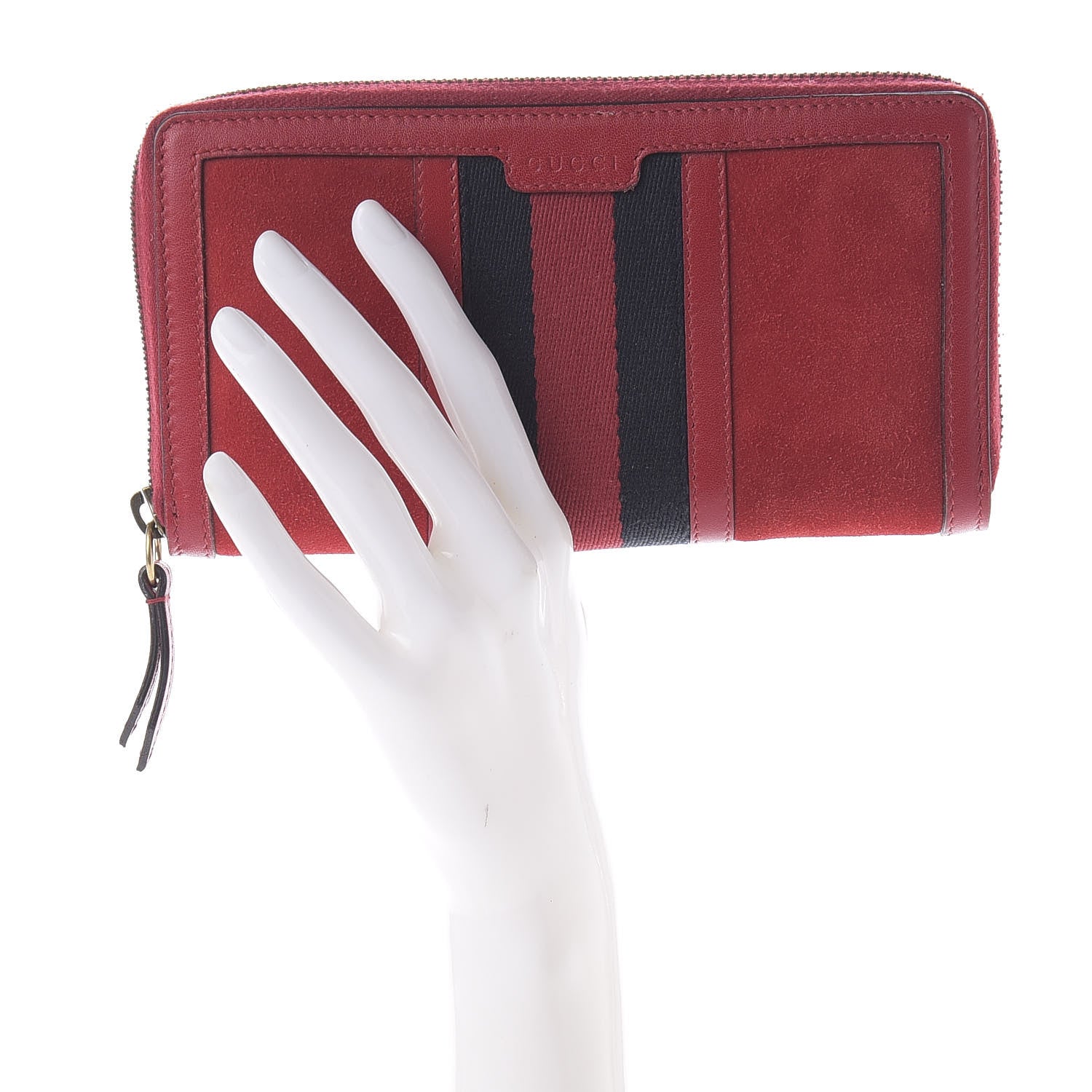 Gucci Suede Web Rania Zip Around Wallet Hibiscus Red 2 of 7
