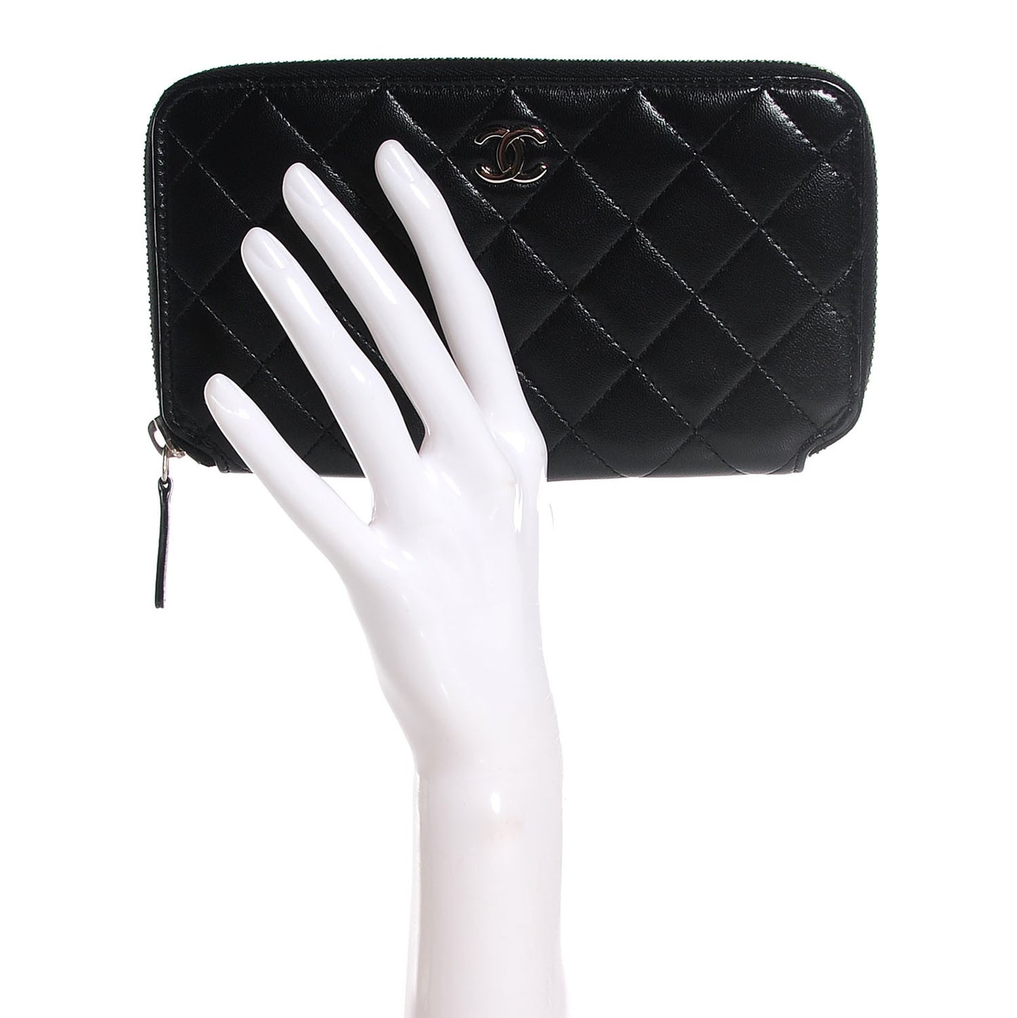 Lambskin Quilted Large Zip Around Wallet Black