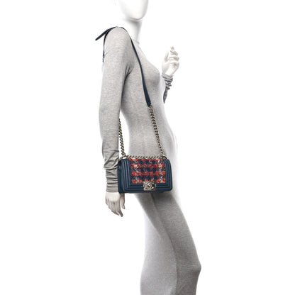 Chanel Lambskin Tweed Chevron Small Boy Flap Navy Blue 2 of 12