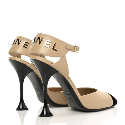 Chanel Lambskin Velvet Cap Toe Logo Pumps 41 Beige Black 4 of 8