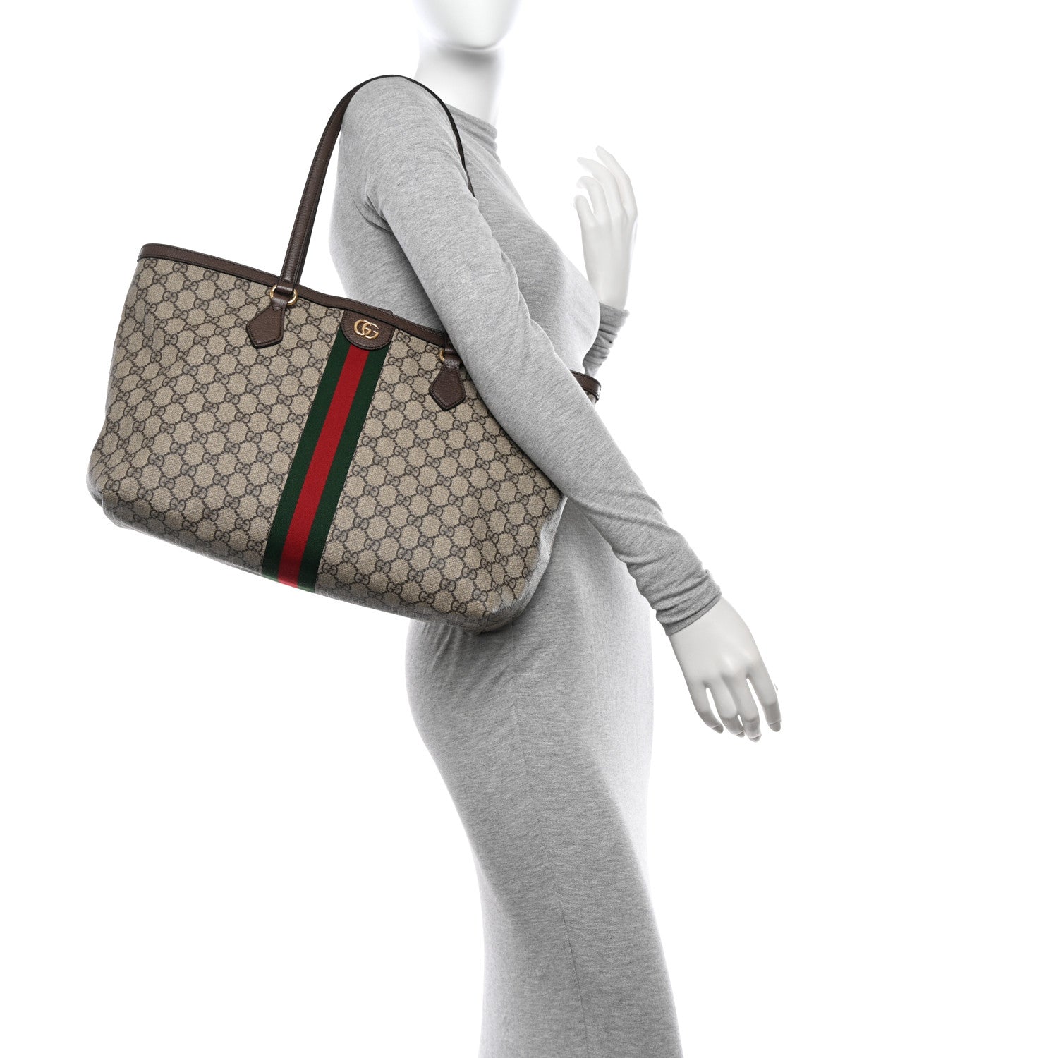 Gucci GG Supreme Monogram Textured Calfskin Web Medium Ophidia Shopping Tote Beige Ebony New Acero 2 of 13