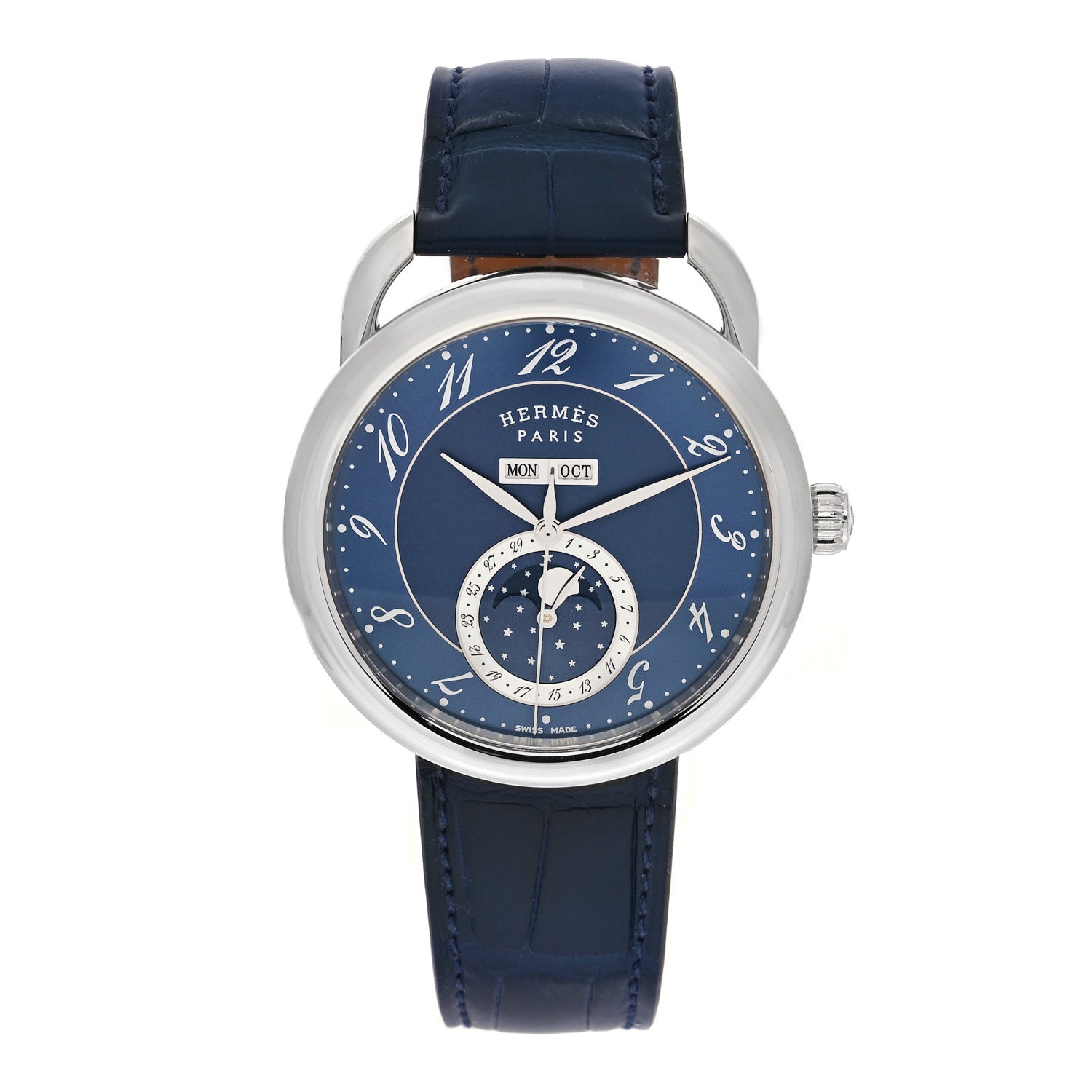Hermes Stainless Steel Alligator 43mm Arceau Grande Lune Automatic Watch Bleu Abysse 1 of 5