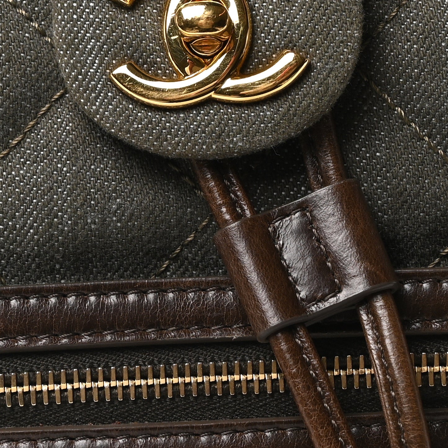 Denim Calfskin Quilted Backpack Olive Green Brown
