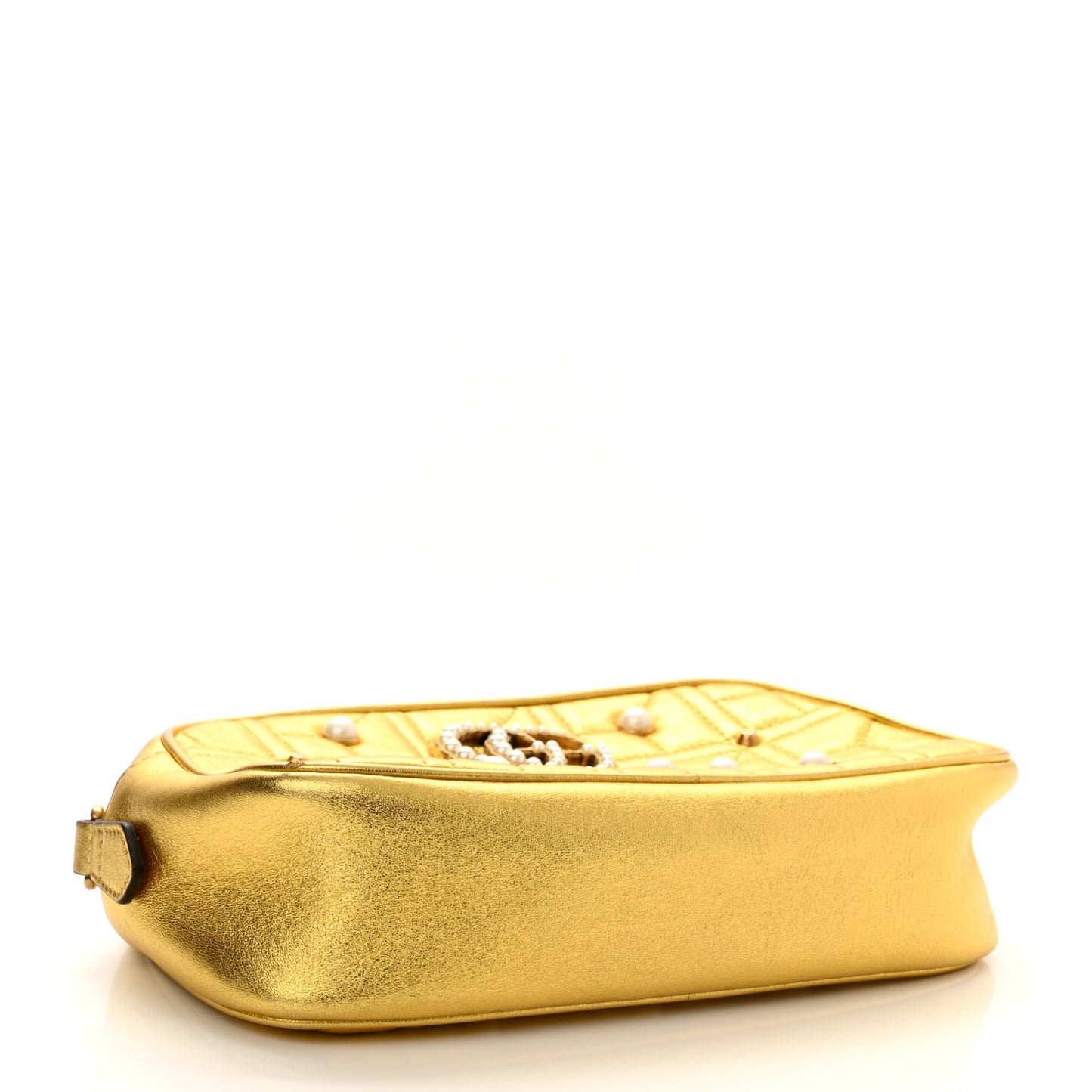 Metallic Calfskin Matelasse Studded Small Pearly GG Marmont Chain Shoulder Bag Gold