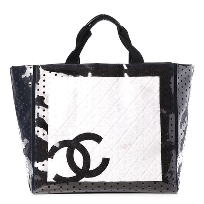 Chanel Canvas Vinyl Perforated CC Tote White Black Dark Navy 1 of 8