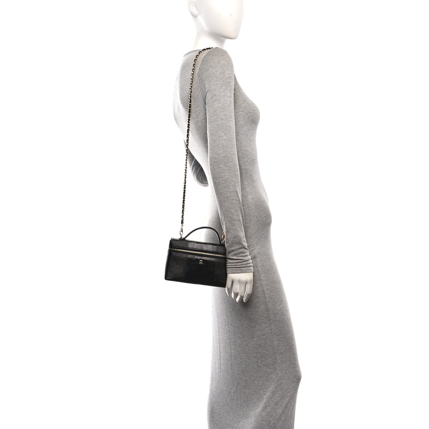 Chanel Lizard Embossed Calfskin Top Handle Slim Vanity With Chain Black 2 of 10