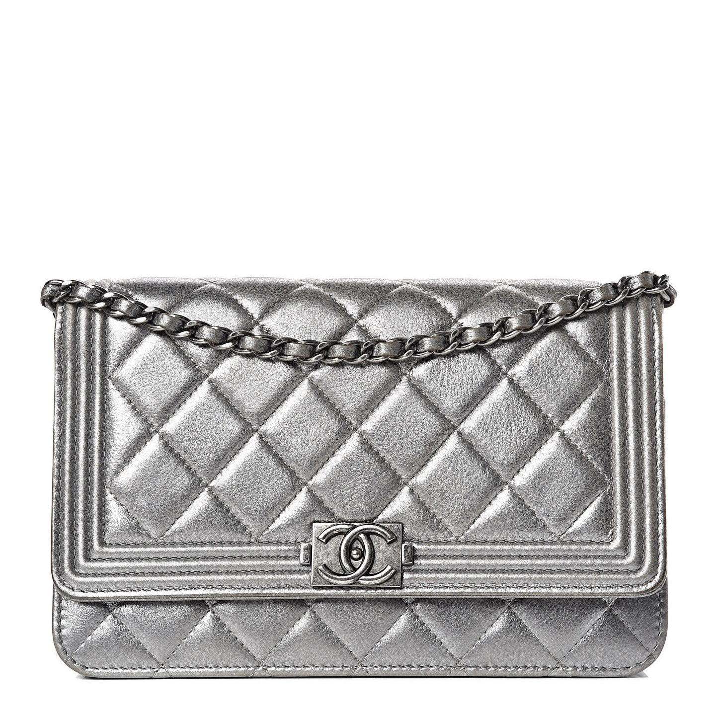 Metallic Calfskin Quilted Boy Wallet On Chain WOC Silver