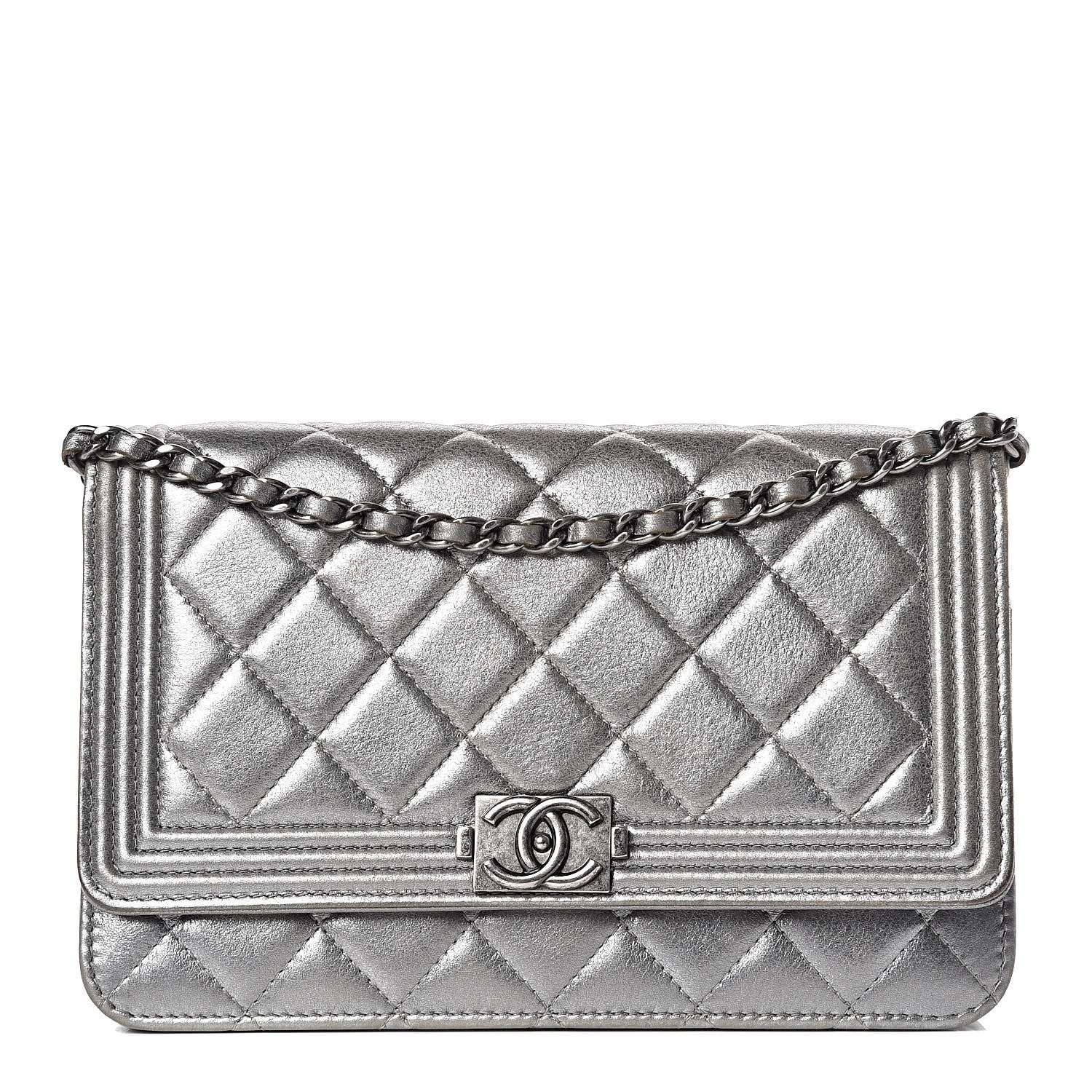 Chanel Metallic Calfskin Quilted Boy Wallet On Chain WOC Silver 1 of 16
