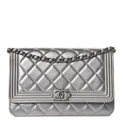 Chanel Metallic Calfskin Quilted Boy Wallet On Chain WOC Silver 1 of 16