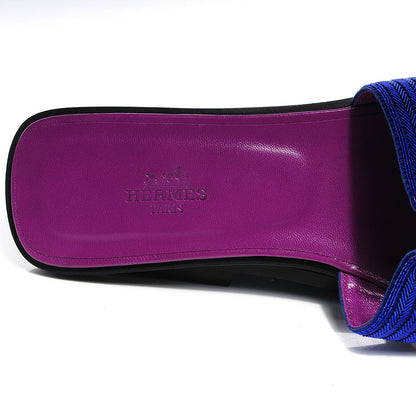 Hermes Herringbone Dabka Oran Sandals 38.5 Bleu 7 of 8