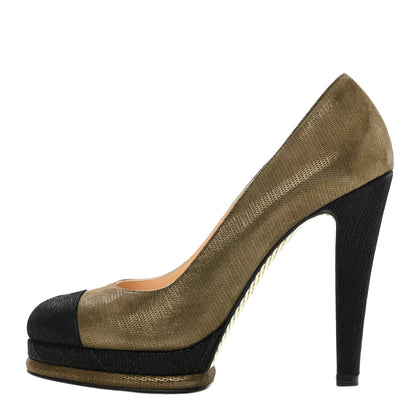 Chanel Metallic Fabric CC Cap Toe Pumps 39.5 Khaki Black 1 of 9