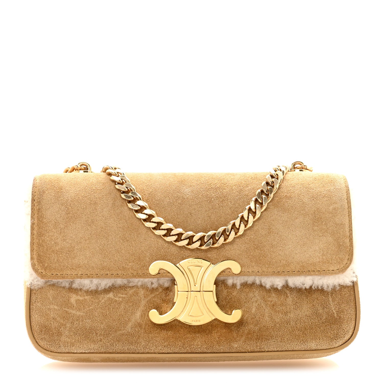 Celine Suede Shearling Triomphe Chain Shoulder Bag Beige 1825022