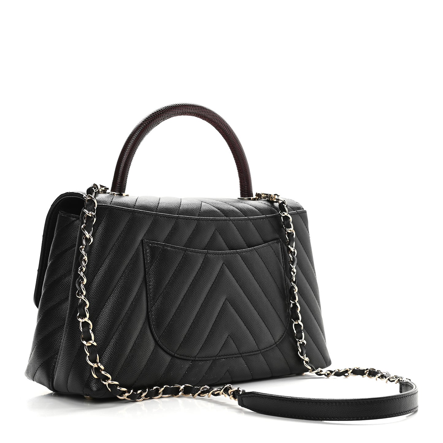 Caviar Lizard Embossed Quilted Chevron Small Coco Handle Flap Black