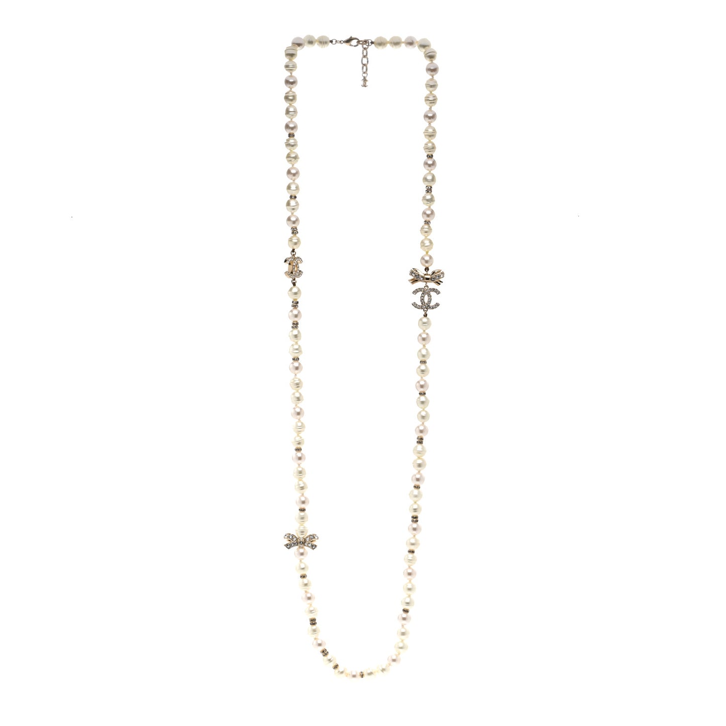 Crystal Pearl CC Bow Long Necklace Light Gold