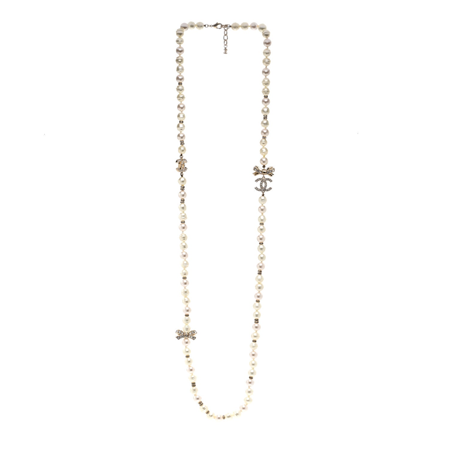 Chanel Crystal Pearl CC Bow Long Necklace Light Gold 3 of 5