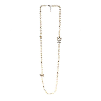 Chanel Crystal Pearl CC Bow Long Necklace Light Gold 3 of 5