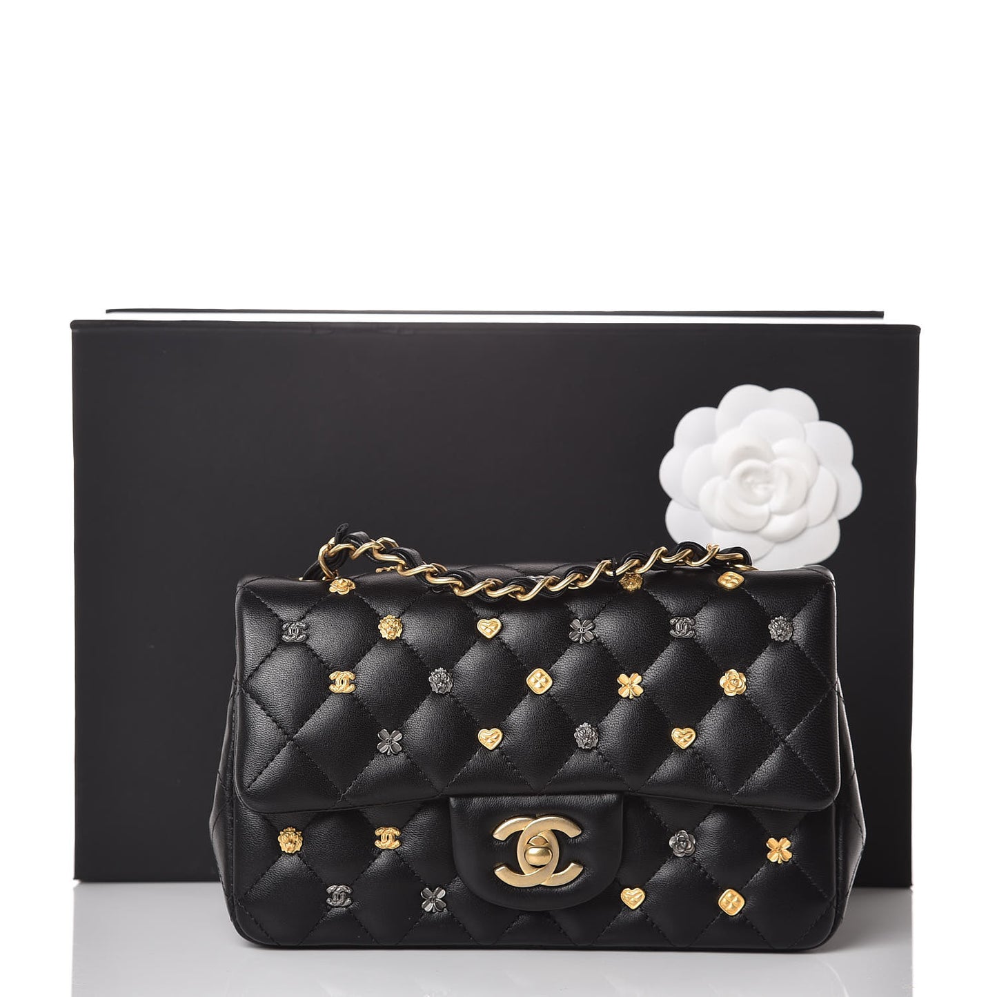 Lambskin Quilted Studded Mini Rectangular Flap Black