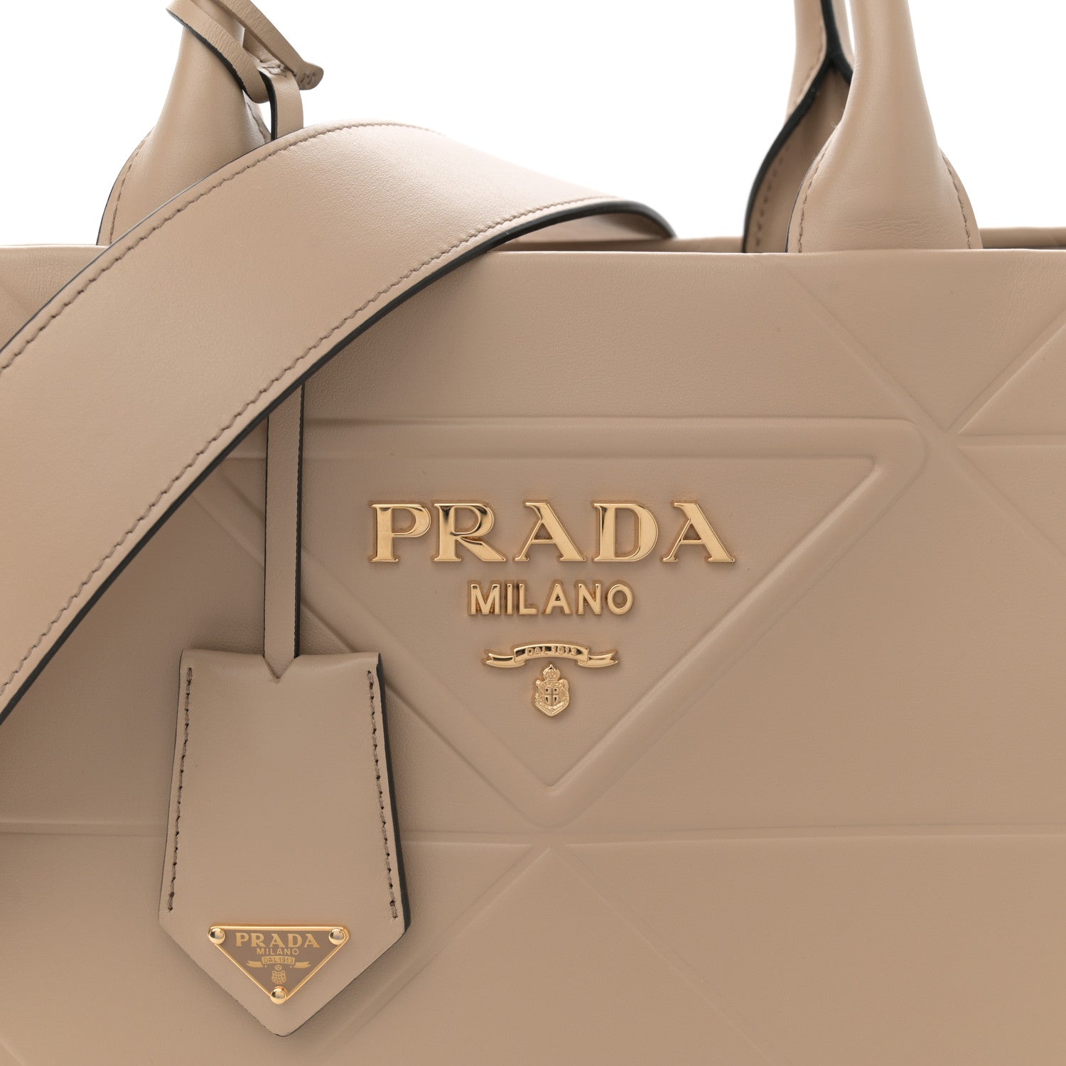 Prada Soft Calfskin Triangolo Symbole Embossed Small Tote Beige Khaki 7 of 10
