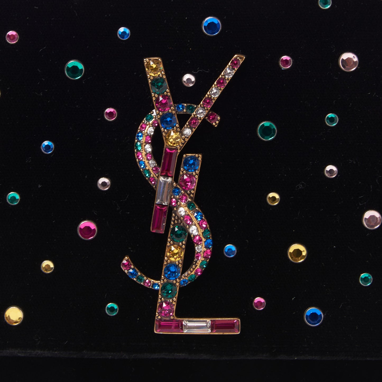 Velvet Crystal Embellished Monogram Kate Chain Wallet Black