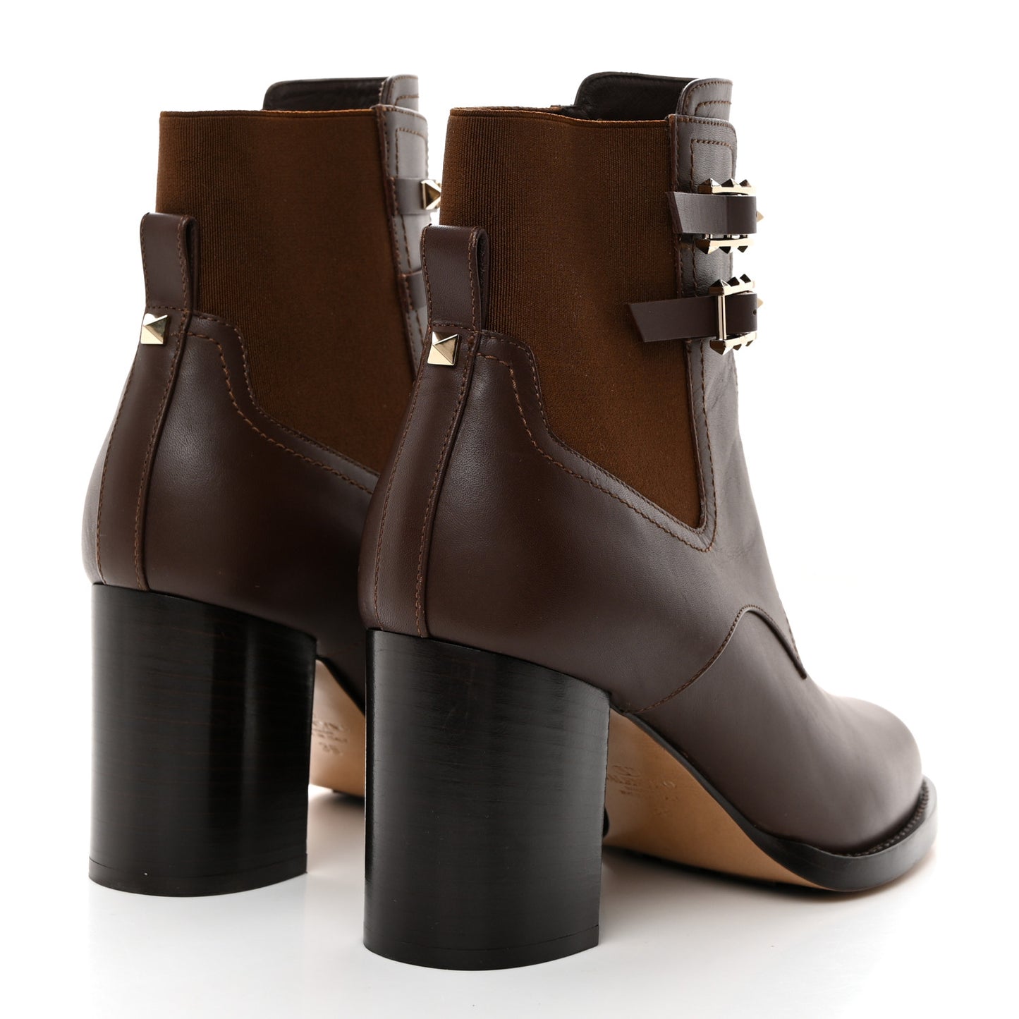 Calfskin Rockstud Double Buckle Beatle Chelsea 70mm Ankle Boots 39 Brown